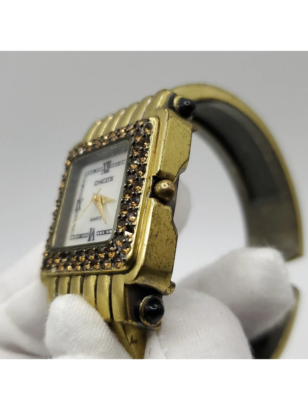 Chico's Cuff Band Gem Bezel Womens Watch 28mm MOP Dial New Battery